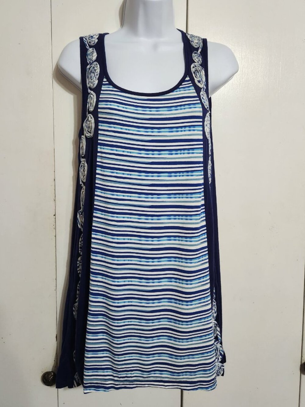V Cristina Tank Top Womens S Blue Striped Rosette Trim Sheer Geometric Back Y2K